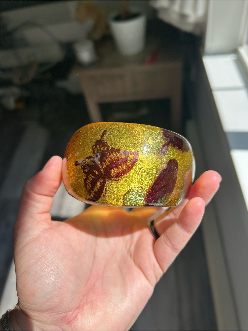 4/$100 Glittery Yellow Butterfly Resin Bangle